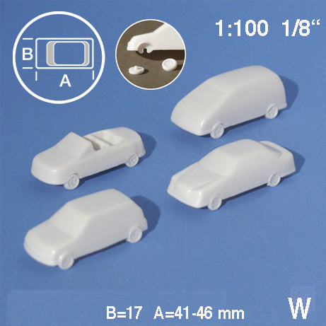 CARS, 4 TYPES, M=1:100 WHITE / 1:100 / L = 41-46 MM