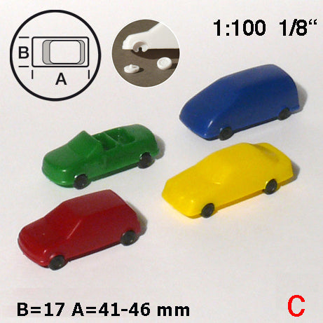 CARS, 4 TYPES, BRIGHT COLORS, M=1:100 MULTI-COLOUR / 1:100 / L = 41-46 MM