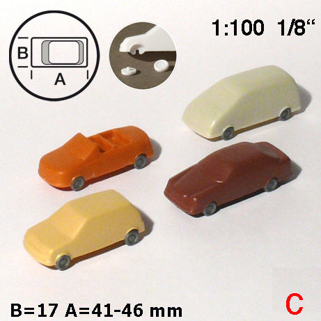 CARS, 4 TYPES, SOFT COLOURS, M=1:100 MULTI-COLOUR / 1:100 / L = 41-46 MM