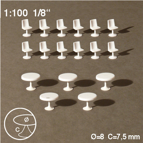 ROUND TABLES + 12 CHAIRS, M=1:100 WHITE / 1:100 / D = 8 MM
