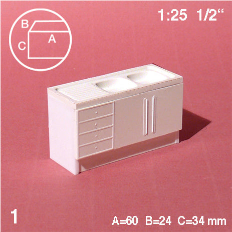 BASE CUPBOARD, DOUBLE SINK, M=1:25 WHITE / 1:25 / 60 x 12 MM